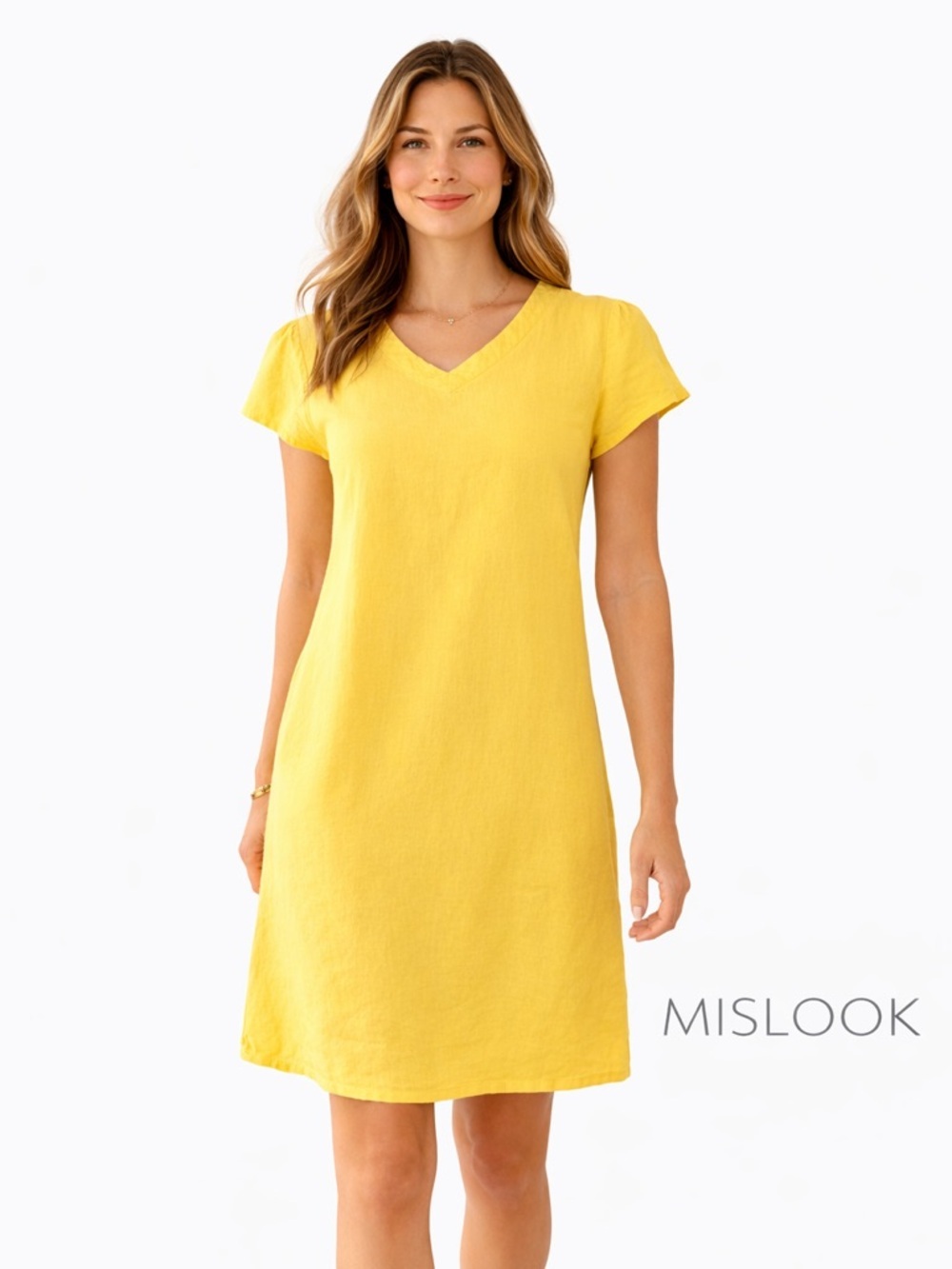 Misslook Yellow Shift Dress Size Large Cotton Polyester Short Sleeve Mini Dress